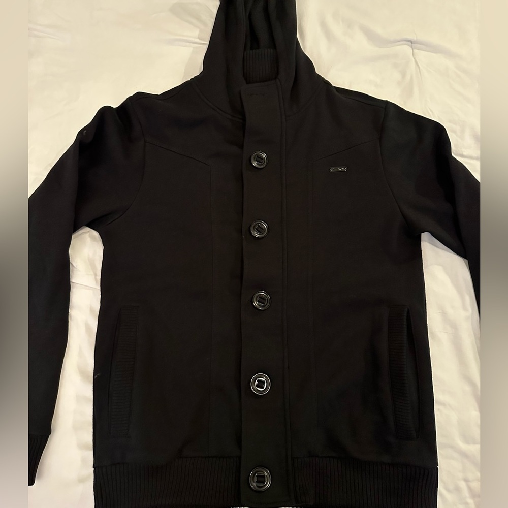 Guess button down sweater with zipper, black, size small, worn twice